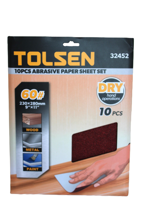 Шлифлист на бумажной основе TOLSEN P60 оксид алюминия 230х280мм 10шт. 32452