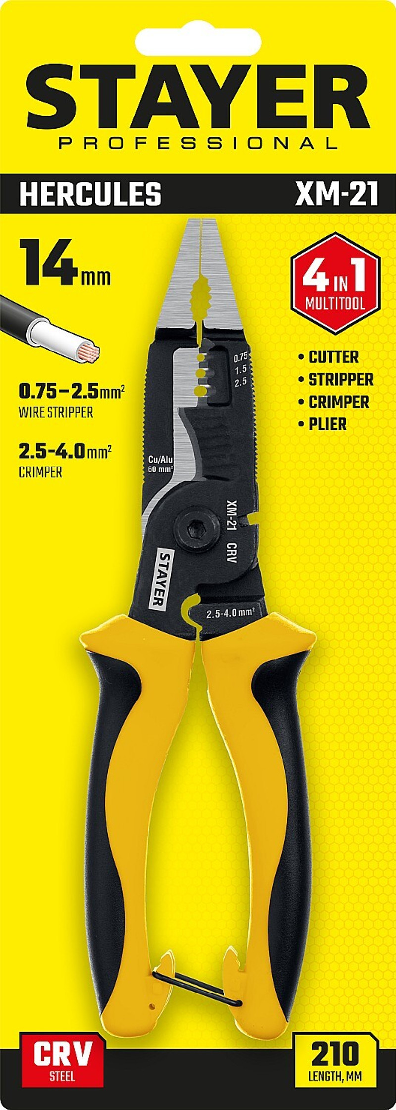 STAYER XM-21, резка d 14мм, зачистка 0.75 – 25 мм2, кримпер 2.5 мм2, плоскогубцы 210 мм, многофункциональные клещи, Professional (23342-21)