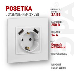 Розетка ЭРА Elegance 14-4109-01М 2P+E 16A-250В штор. с 2xUSB 5В-3А белый матовый | Эра Elegance