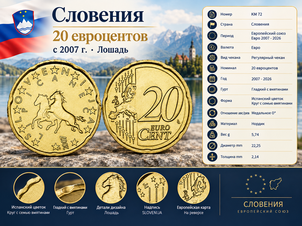 Словения 20 евроцентов, 2007 Лошадь XF