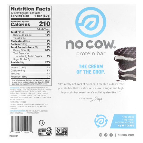 No Cow, протеиновый батончик, со вкусом печенья с кремом, 12 батончиков, 60 г (2,12 унции)