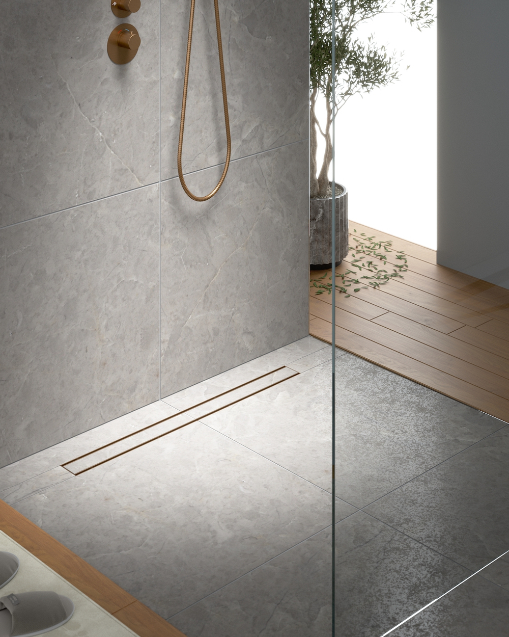 Душевой лоток Drain System 900 DS230209/19 Розовое золото, с двусторонней панелью «Plate» под плитку