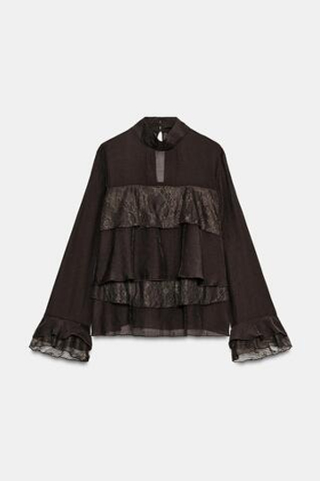 ZARA РУБАШКА С ВОЛАНАМИ И КРУЖЕВОМ, КОРИЧНЕВЫЙ