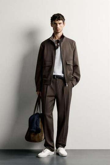 ZARA БРЮКИ SLIM FIT СО СКЛАДКАМИ, КОРИЧНЕВЫЙ