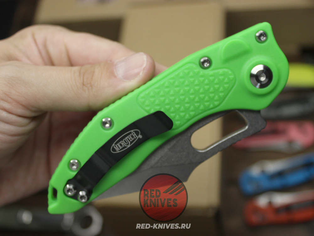 Нож Microtech Stitch Acid Green + пружина - светлый клинок, рукоять нейлон