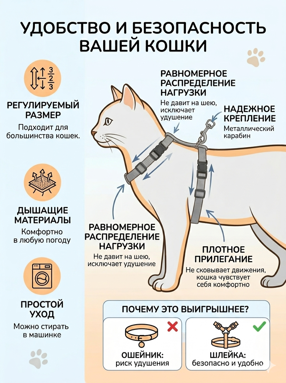 Шлейка с поводком «Веселая прогулка» 120см цвет серый