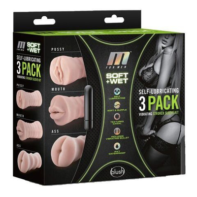 Набор из 3 мастурбаторов и вибропули 3-Pack Self-Lubricating Vibrating Stroker Sleeve Kit (Цвет: телесный)