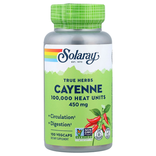 Solaray, True Herbs, кайенский перец, 450 мг, 100 вегетарианских капсул
