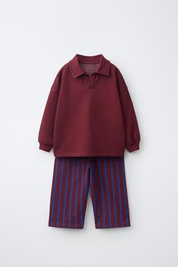 ZARA КОМПЛЕКТ: ПОЛО И БРЮКИ WIDE LEG В ПОЛОСКУ, БУРГУНДИ