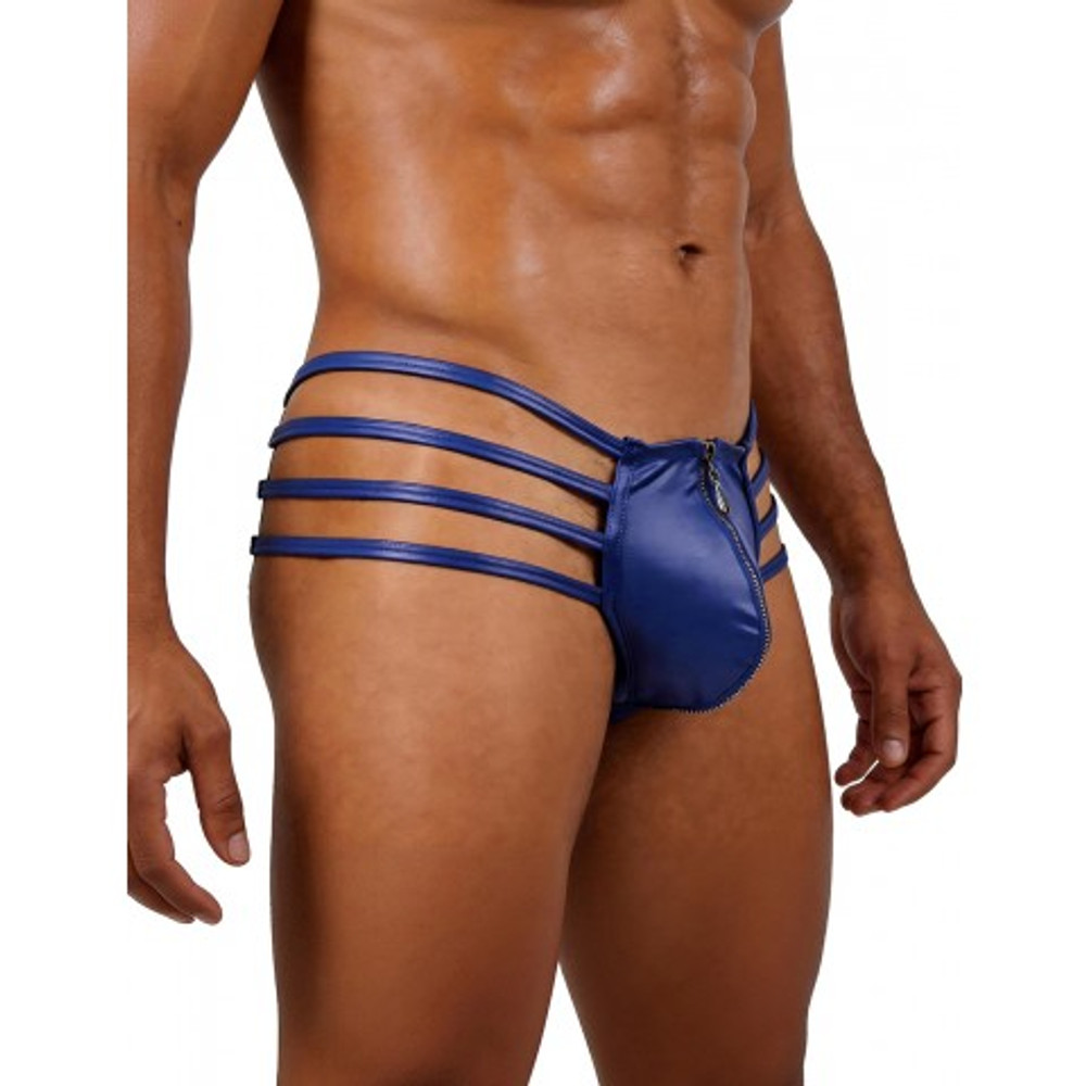 Кожаные мужские стринги Ohyeah Zipper Blue, на молнии со стрепами, S