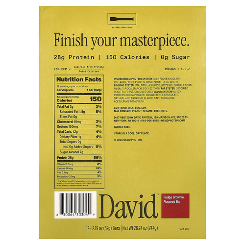 David Protein , Protein Bar, Fudge Brownie, 12 Bars, 2.19 oz (62 g) Each