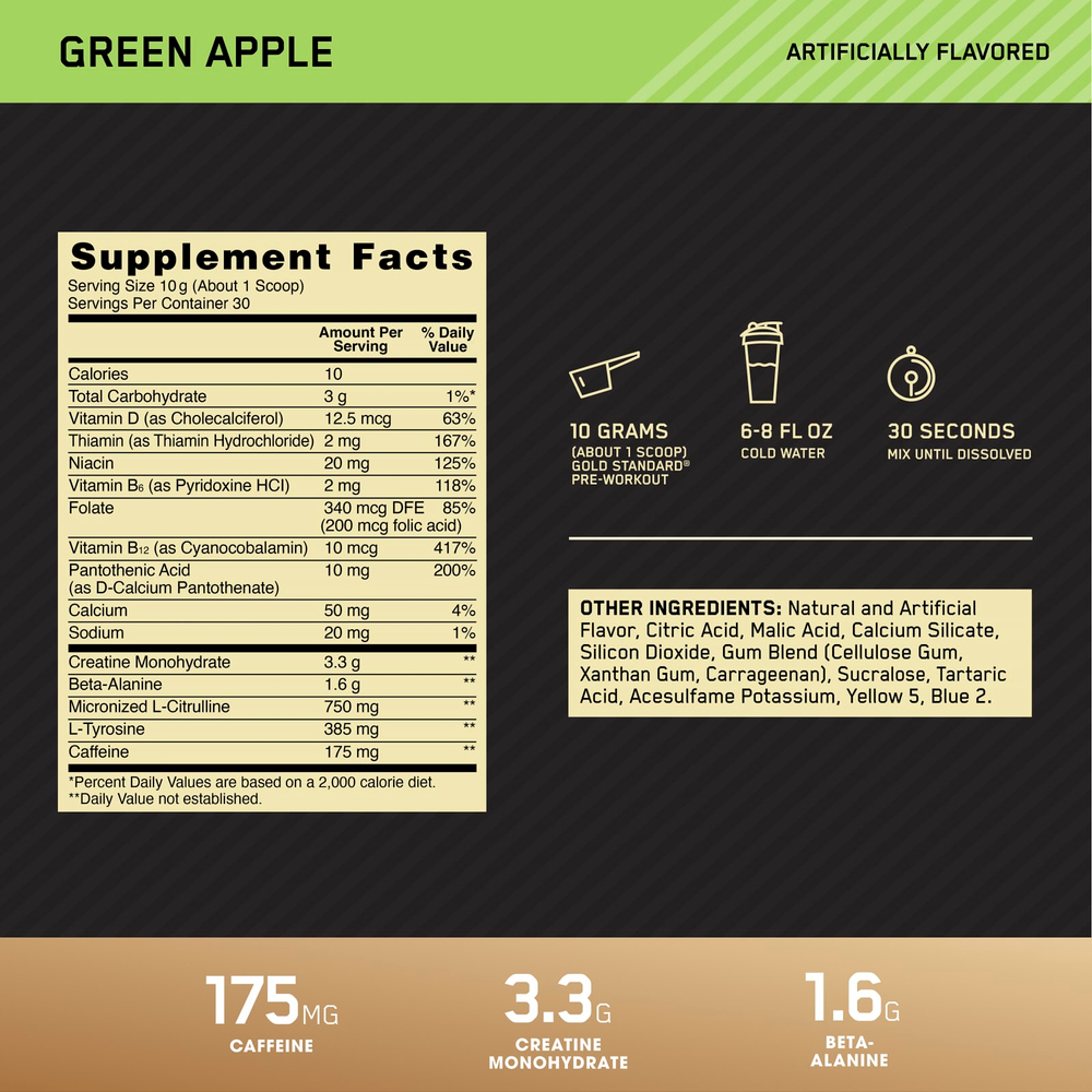 Optimum Nutrition, Gold Standard®, перед тренировкой, зеленое яблоко, 300 г (10,58 унции)