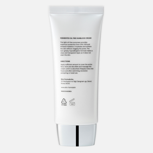SKIN FORMULA Fermented Oil Free Sunblock Cream SPF50+ PA+++ Cолнцезащитный крем c увлажняющим и успокаивающим действием, 65 гр