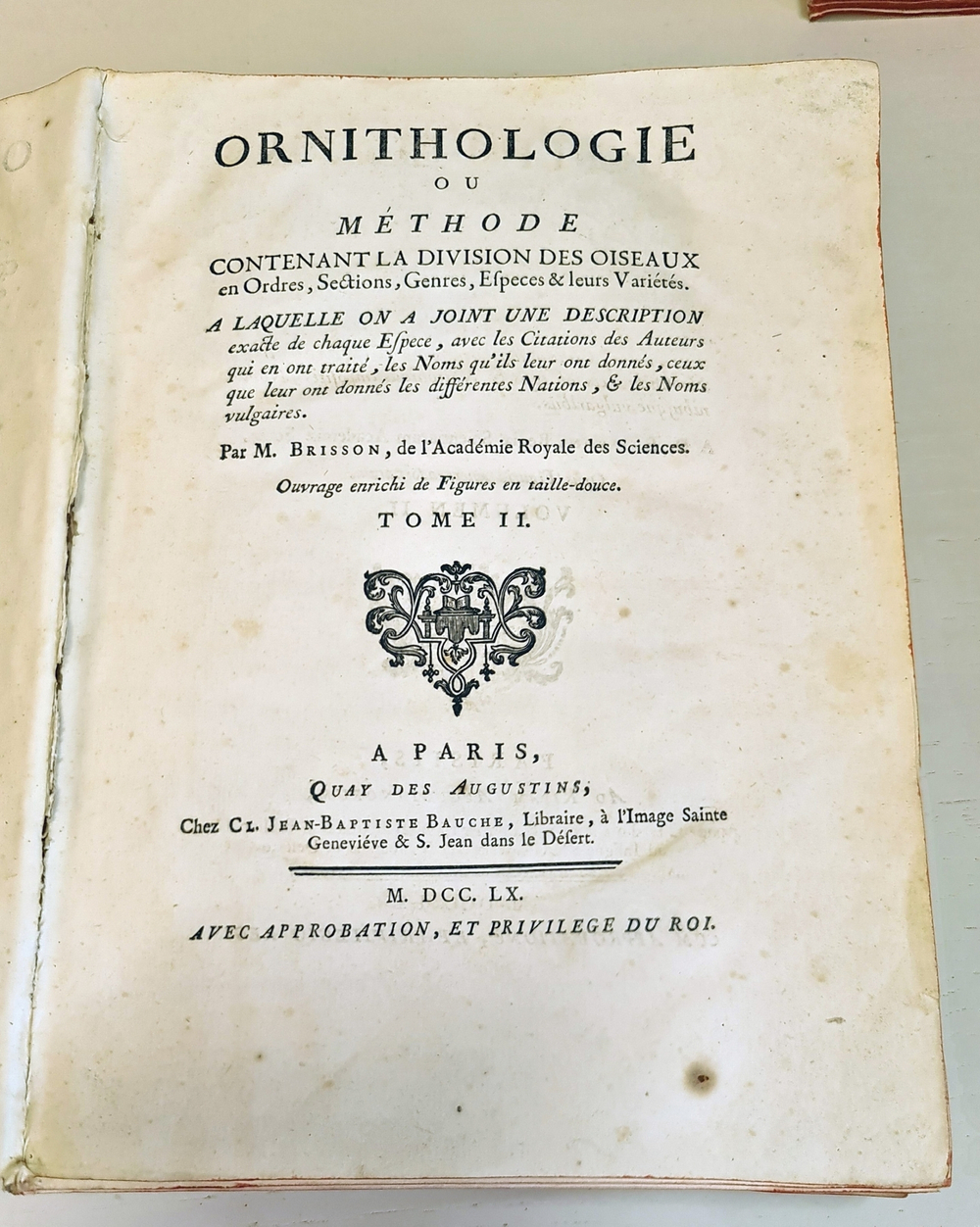 "Орнитология или метод, содержащий разделение птиц на отряды. (Ornithologie ou methode contenant la division des oiseaux en ordres)". Mathurin-Jacques Brisson (Матюрен-Жак Бриссон). 0г.