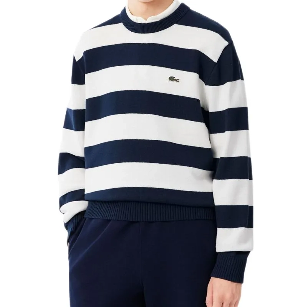 Мужская теннисная кофта Lacoste Striped Cotton Crew Neck Sailor - navy blue/white