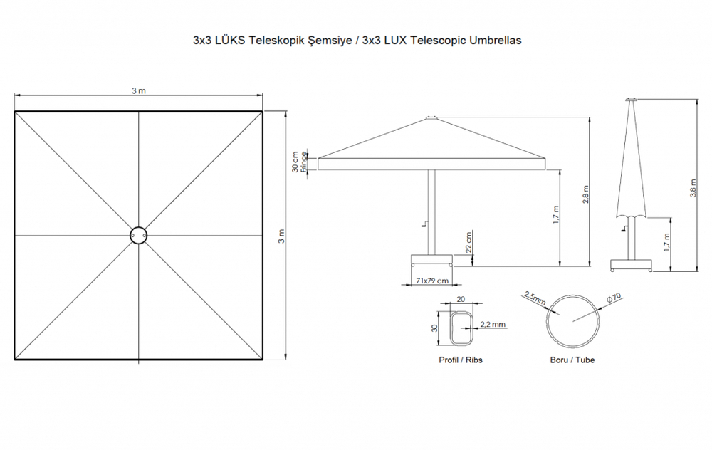 Зонт профессиональный 3х3 м Theumbrela Semsiye Evi Lux Telescopic, бежевый