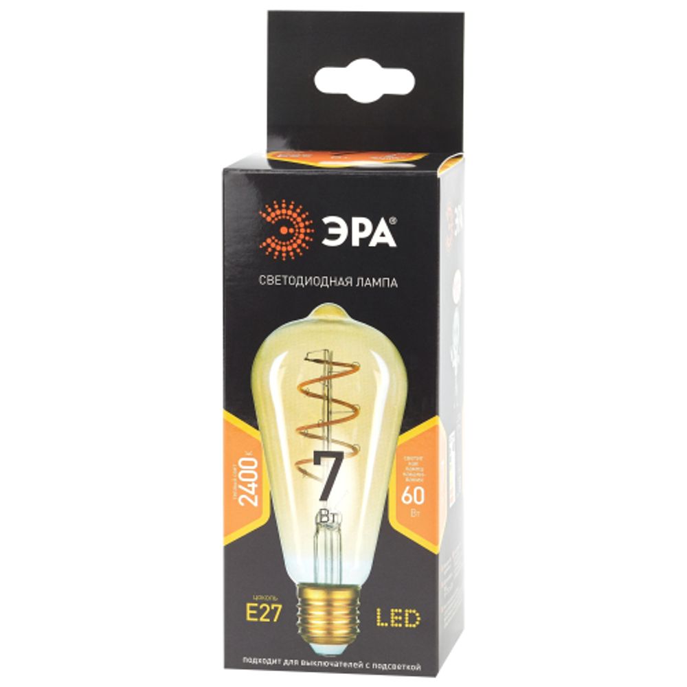 Лампа светодиодная ЭРА F-LED ST64-7W-824-E27 spiral 7Вт филамент золотистый теплый белый свет Е27 | Филаментные декоративные