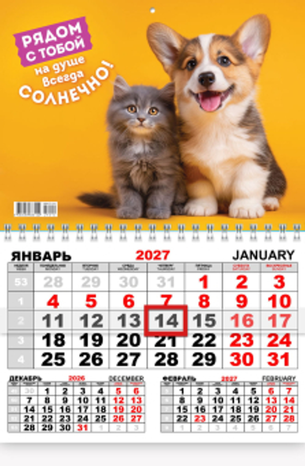 Кот и пёс. Рядом с тобой на душе всегда солнечноКалендарь квартальный одноблочный (ККМ)