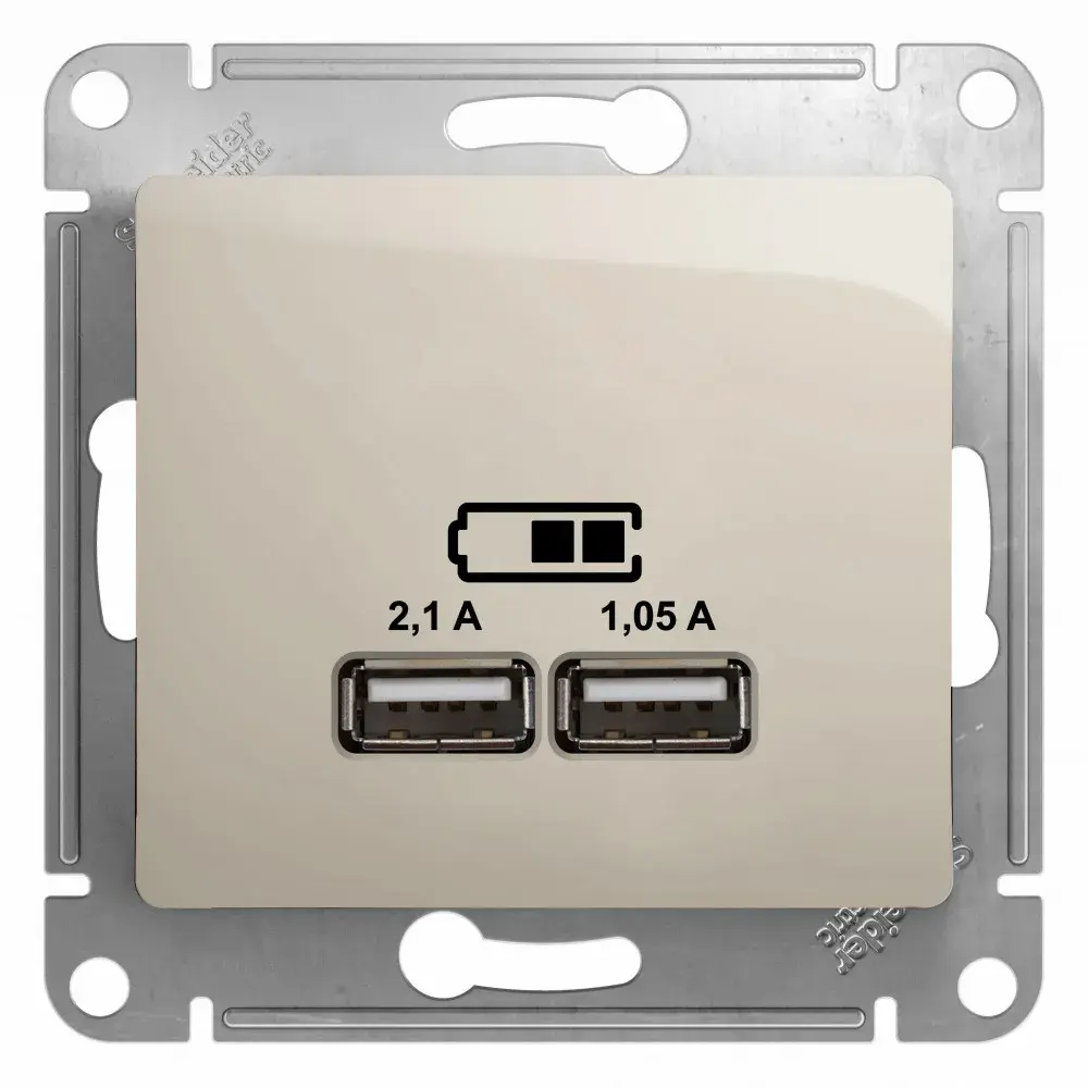 GLOSSA USB РОЗЕТКА A+A, 5В/2,1А, 2х5В/1,05А, механизм, МОЛОЧНЫЙ