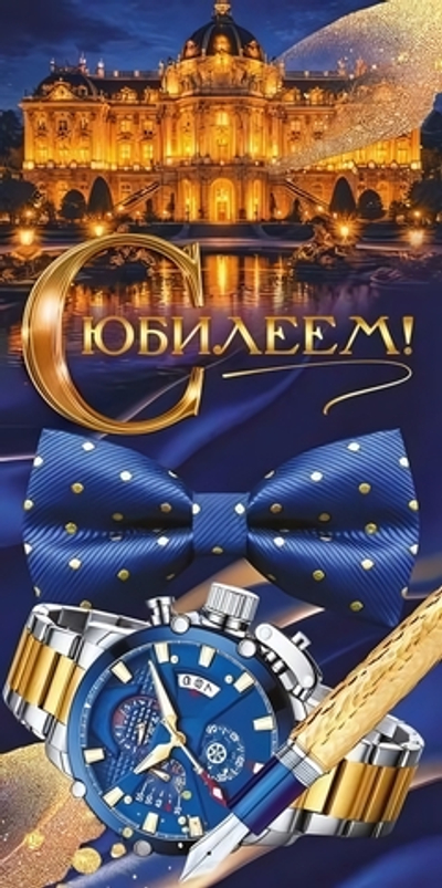 Конверт для денег "С Юбилеем!" часы, перо, бабочка, здание (Открытая планета)