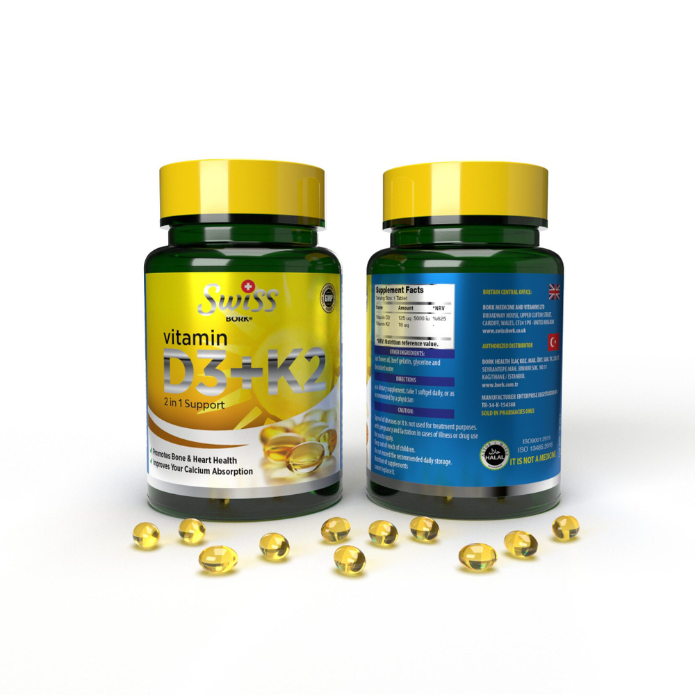 Swiss Bork, D3+K2, 60 Capsules | Витамины D3 и K2, 60 капсул
