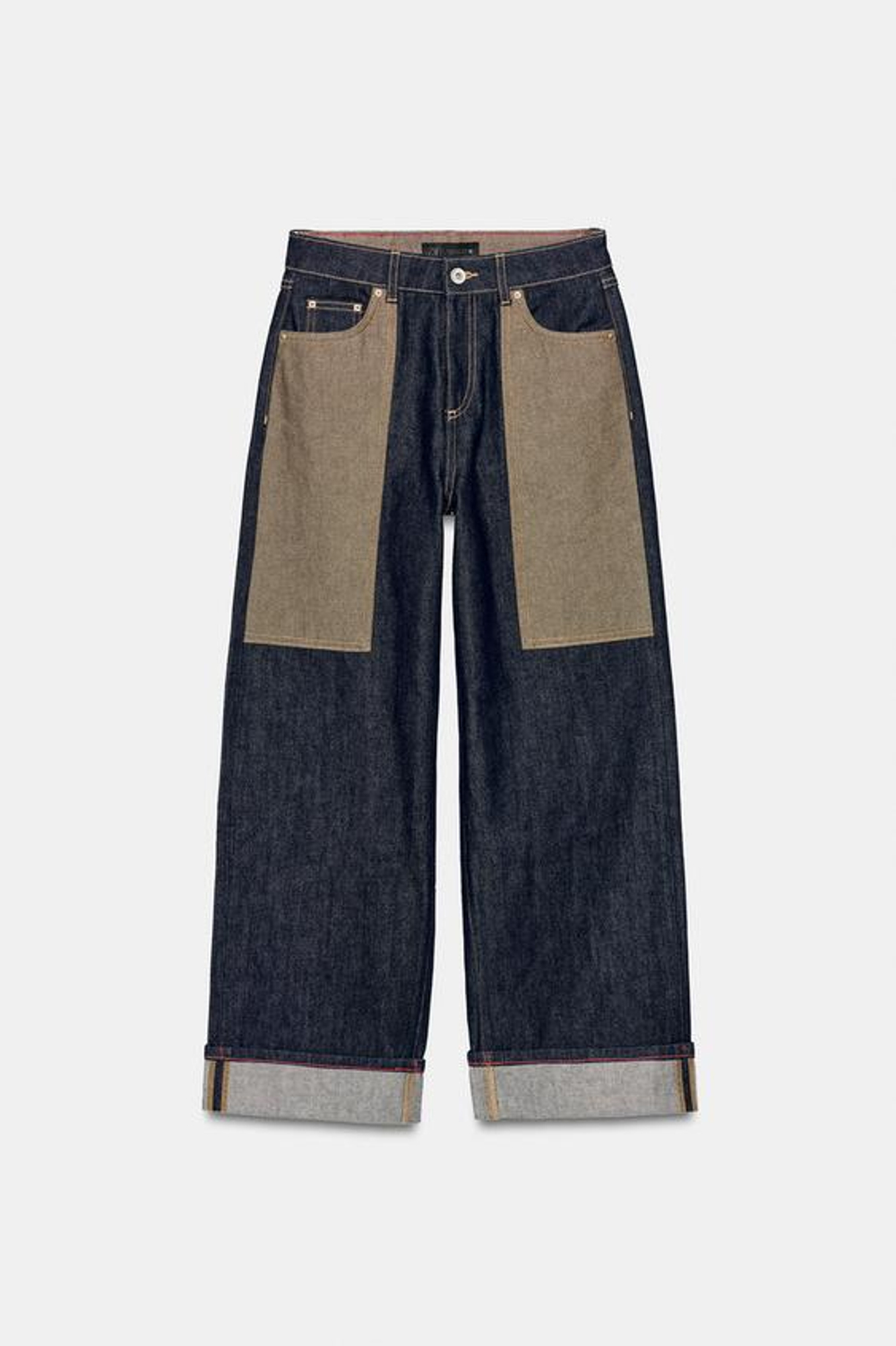 ZARA ДЖИНСЫ Z1975 С КОМБИНИРОВАННОЙ ТКАНЬЮ, ВЫСОКОЙ ПОСАДКОЙ И ОТВОРОТАМИ, СИНИЙ