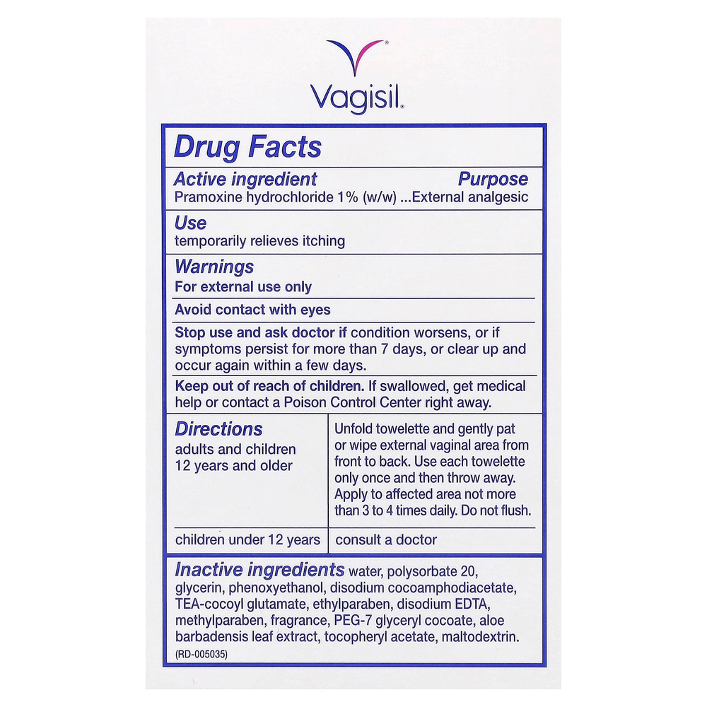 Vagisil, лечебные салфетки против зуда, максимальная сила действия, 12 одноразовых салфеток в индивидуальной упаковке
