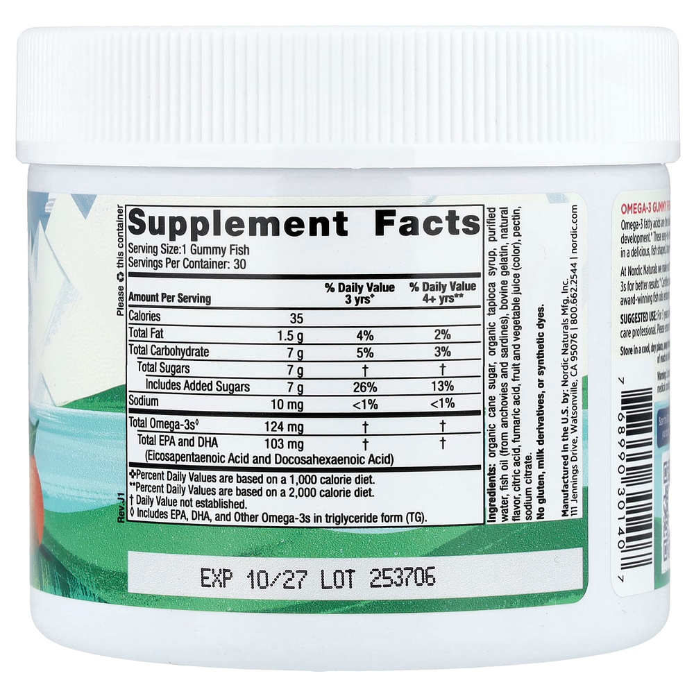 Nordic Naturals, Nordic Omega-3 Gummy Fish, «мандариновые лакомства», 124 мг, 30 жевательная таблеток в форме рыбок