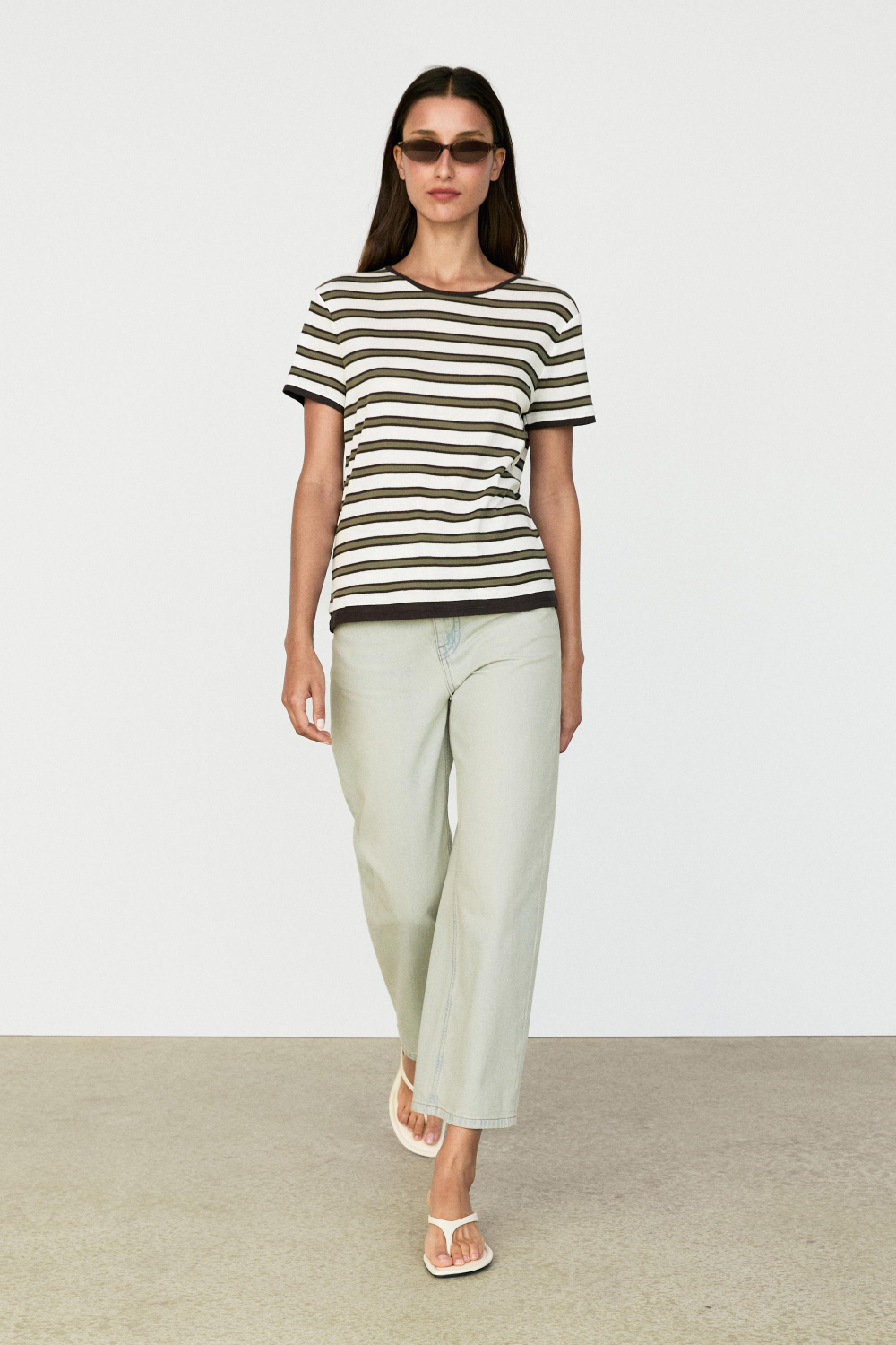 Massimo Dutti Хлопковая футболка в полоску с короткими рукавами, хаки
