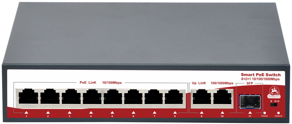 Коммутатор Sarmatt SR-PS0821GBL PoE, 10 LAN-портов, 2 uplink, 8 PoE-портов