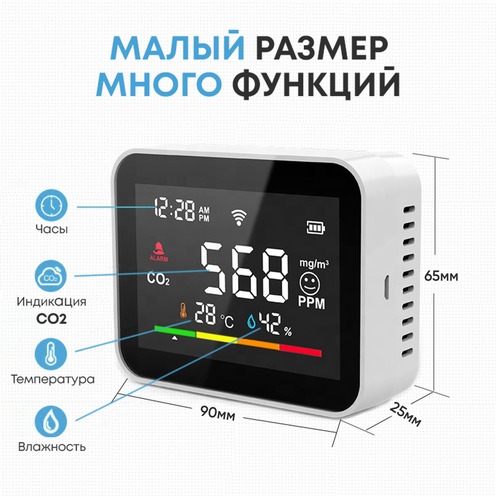 Датчик углекислого газа, температуры и влажности, умный детектор CO2, WiFi, Tuya