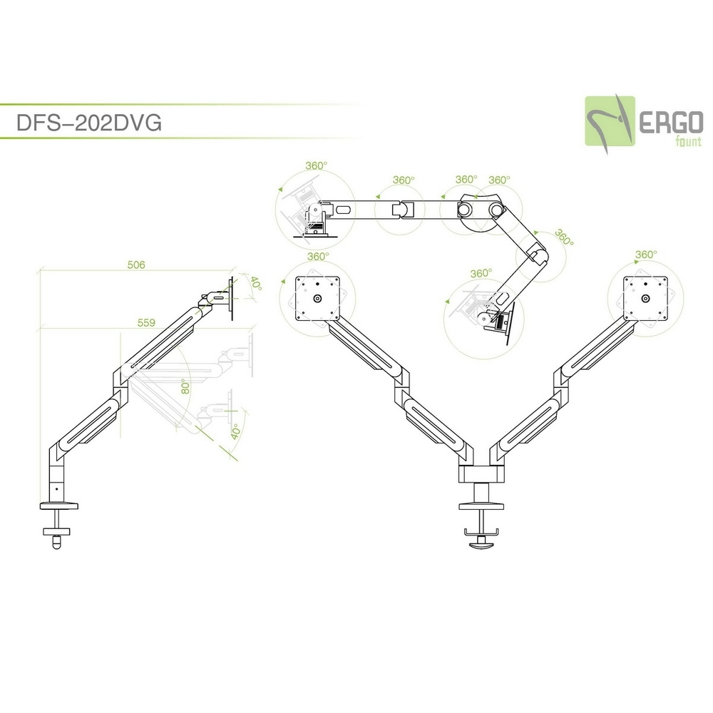 ErgoFount DFS-202DVG Настольное крепление для 2 мониторов диагональю до 24'' с шарнирными двухколенными вылетами, газово-пружинными амортизаторами и струбциной к столу типа "G". Цвет - серебристый