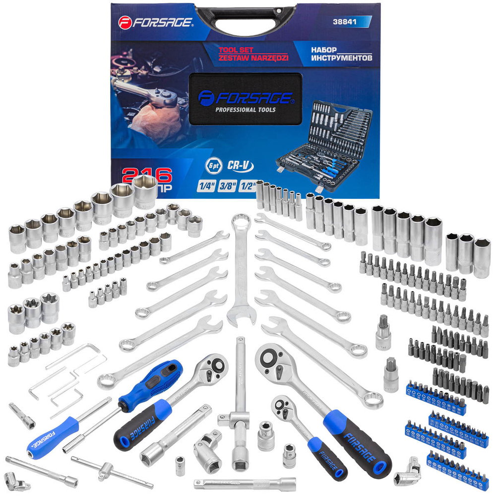 Набор инструментов 216пр. 1/4'', 3/8'', 1/2''(6гр.)(4-32мм)(NEW) Forsage F-38841(38841-5)