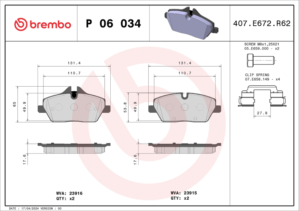 BREMBO - P06034-BRB - Brake Pad Set, disc brake