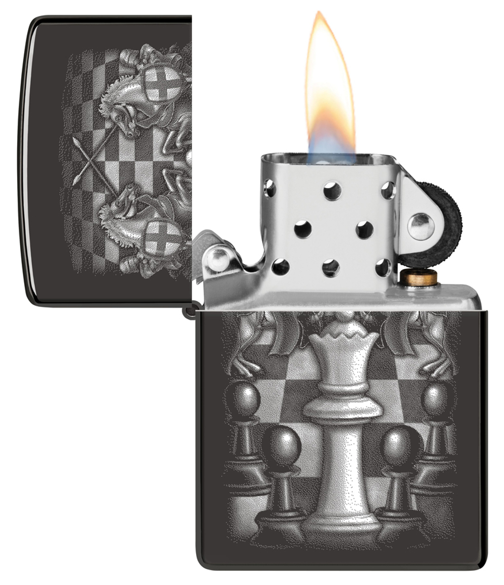 Зажигалка Zippo Chess Design с покрытием High Polish Black, латунь/сталь, черная, 38x13x57 мм