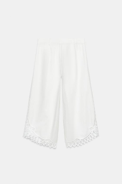 ZARA БРЮКИ С ВЫШИВКОЙ — ZW COLLECTION, ЖЕЛТОВАТО-БЕЛЫЙ