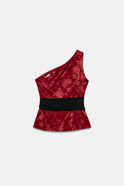 ZARA ЖАККАРДОВЫЙ АСИММЕТРИЧНЫЙ ТОП С ПОЯСОМ, БОРДОВЫЙ