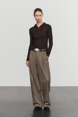 Massimo Dutti Футболка из смесового хлопка с воротником на молнии, кротово-коричневый