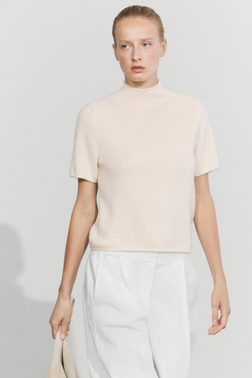 Massimo Dutti Кашемировый джемпер с воротником-стойкой, натуральный/кремовый
