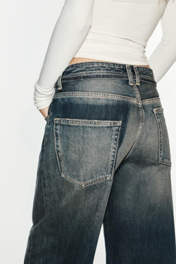 ZARA ДЖИНСЫ TRF BAGGY FIT СО СРЕДНЕЙ ПОСАДКОЙ И РЕМНЕМ, СЕРО-СИНИЙ