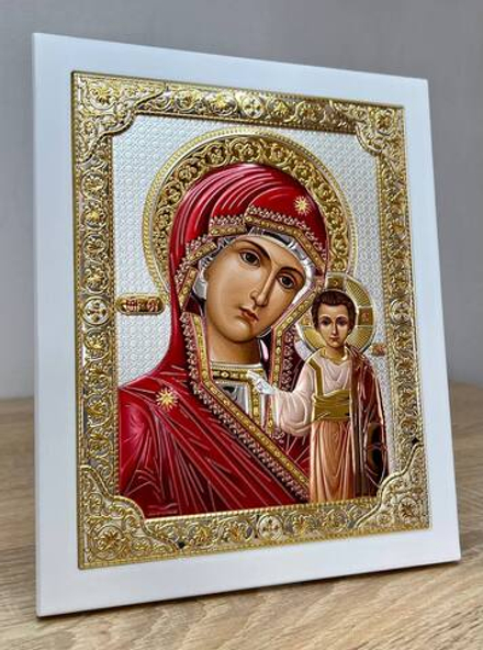 Казанская БМ, икона прямоугольная с рамкой, белое дерево, эмаль 210х260