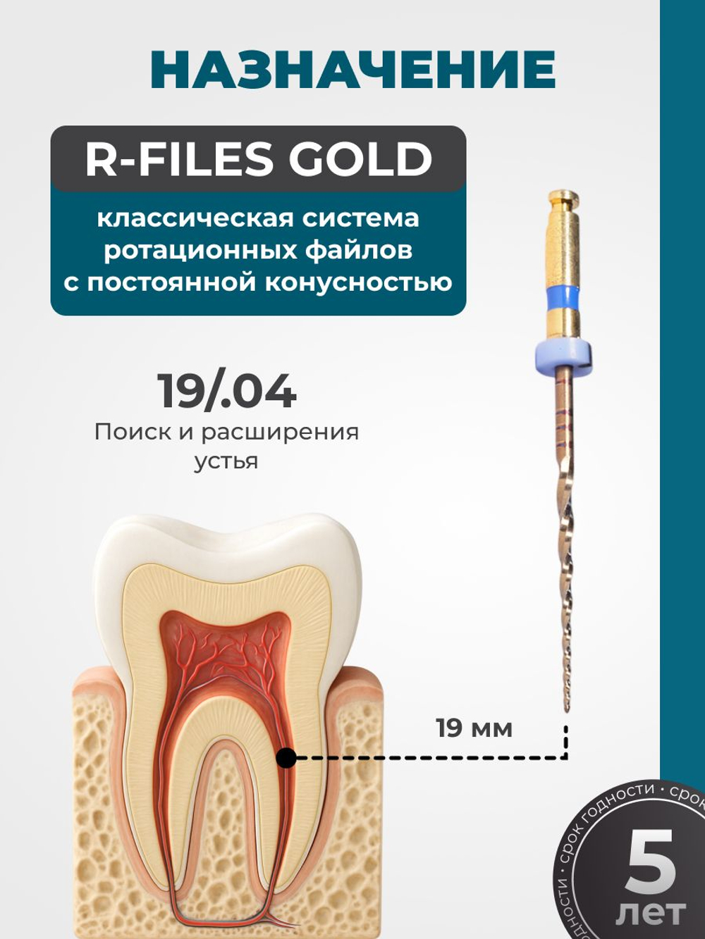 Машинные эндодонтические инструменты STEA R-Files Gold классические для первичной эндодонтии, 19мм, размер 19/.04