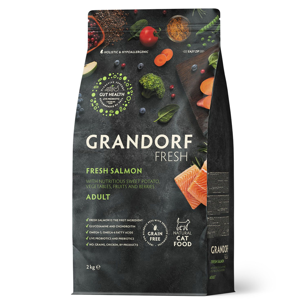 Сухой беззерновой корм GRANDORF Fresh ADULT для кошек, лосось с бататом 2 кг