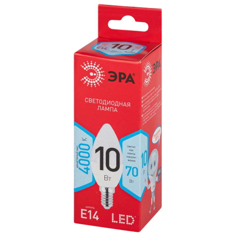 Лампа светодиодная ЭРА RED LINE LED B35-10W-840-E14 R 10Вт свеча нейтральный белый свет Е14 | Лампы cветодиодные Свеча (B/C)