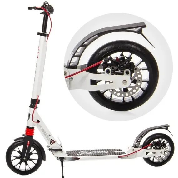 Складной двухколёсный самокат Micar Storm Pro 200 мм с двумя амортизаторами и ручным дисковым тормозом, белый