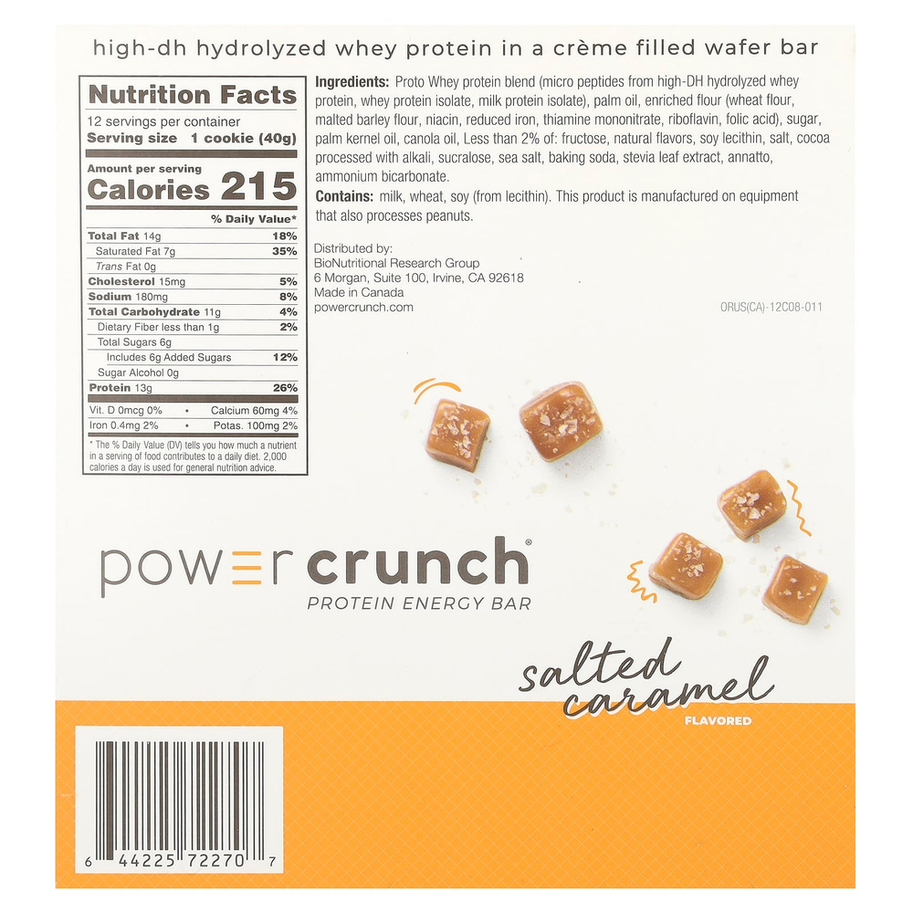BNRG, Power Crunch®, протеиновый батончик, соленая карамель, 12 батончиков, 40 г (1,4 унции) каждый