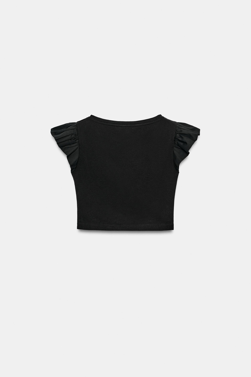 ZARA ФУТБОЛКА С КОРОТКИМИ РУКАВАМИ И ВОЛАНАМИ, ЧЕРНЫЙ
