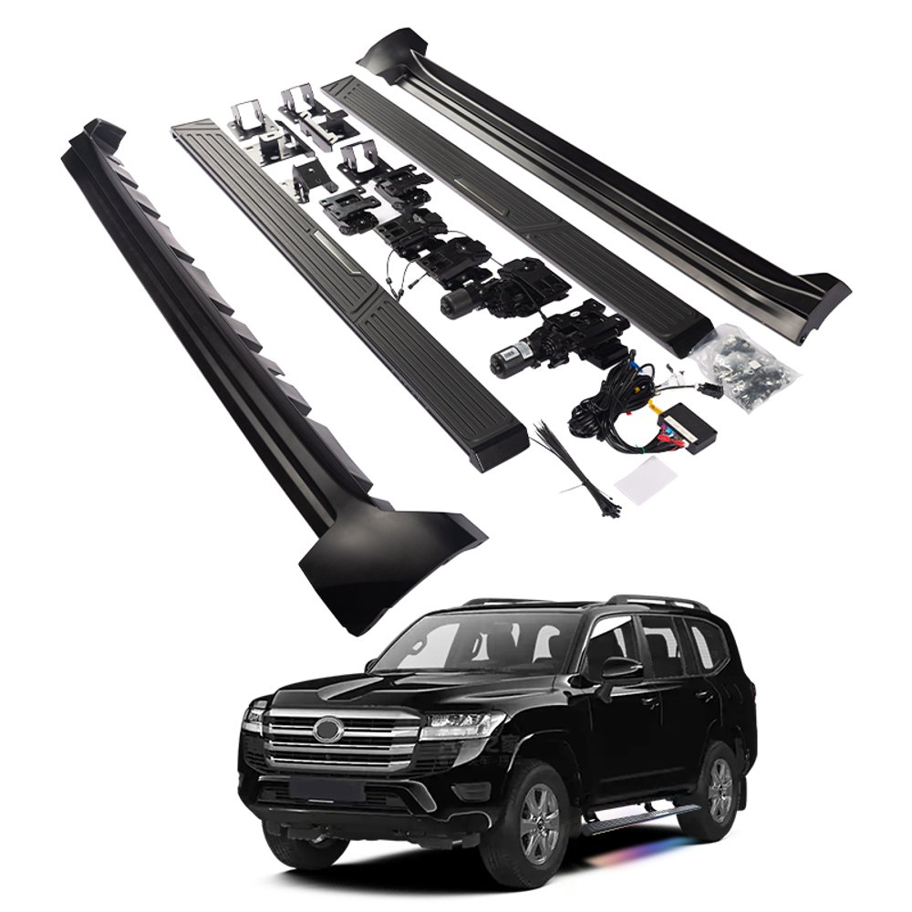 Электрические боковые пороги с накладками на кузов и подсветкой для Toyota Land Cruiser 300 LC300 2021+ комплект body kit