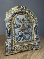 Георгий Победоносец, икона арочная с рамкой под стеклом, белое дерево 206х270