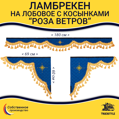 Ламбрекен 1,8м с косынками универсальные стеганые Роза Ветров (экокожа, синий, золотые кисточки)